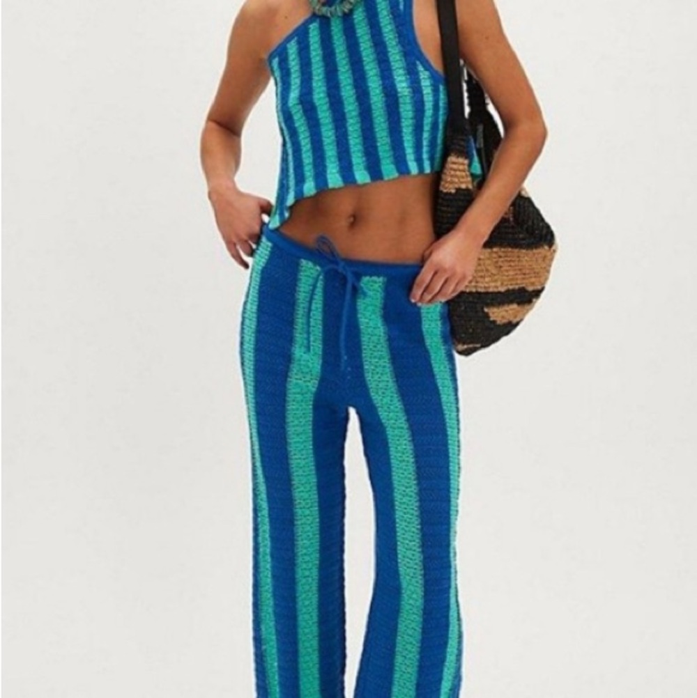 Free-est Free People blue teal striped Joan faux Chet pants tank set New - Picture 2 of 5